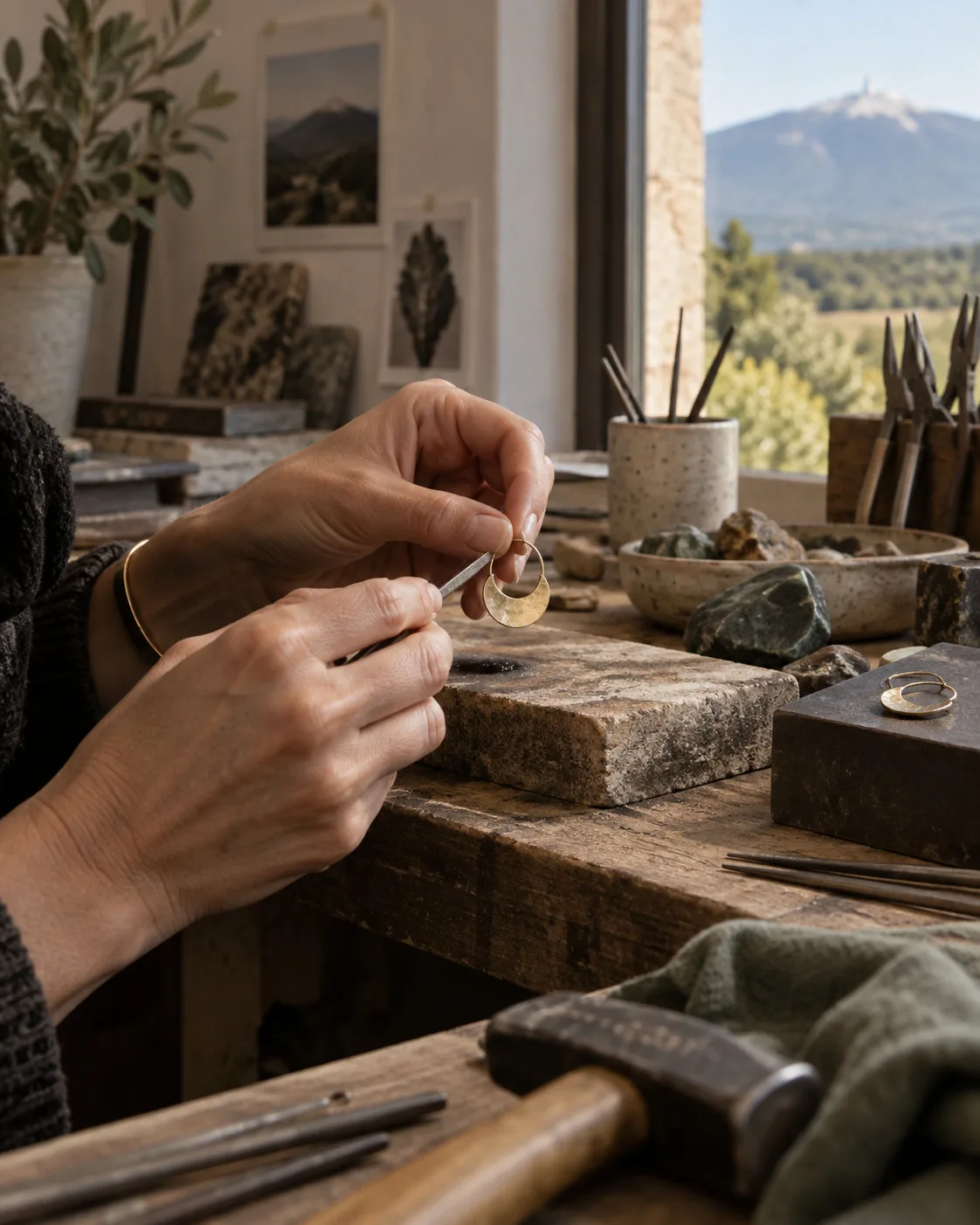 Artisane façonnant une boucle d’oreille dans son atelier