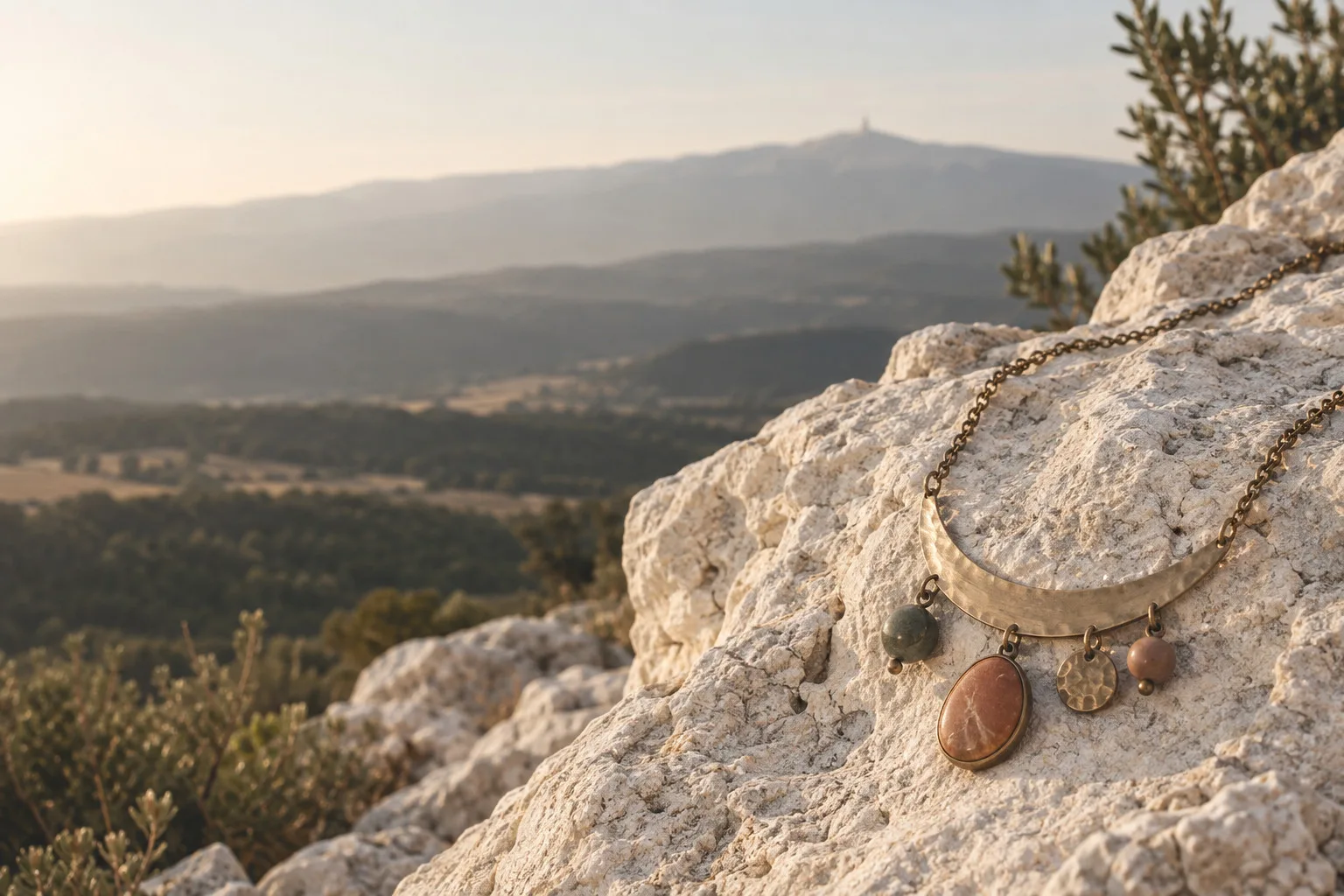 Collier artisanal posé sur une roche claire face au mont Ventoux